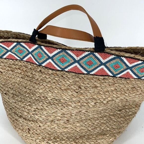 Anthropologie Beaded Tanzana Jute Bag Tote Basket Large - Picture 3 of 8